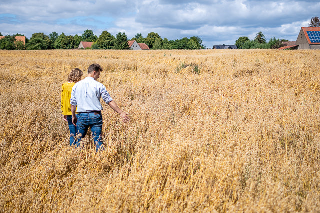An einem warmen Sommertag stehen Victoria und ihr Mann Marek inmitten eines Haferfeldes. Mit dem Rücken zu uns gedreht bestaunen sie ihre Felder. Im Horizont sind Höfe zu und grüne Bäume zu sehen. Der Himmel lässt erahnen, dass es Gewittern könnte.