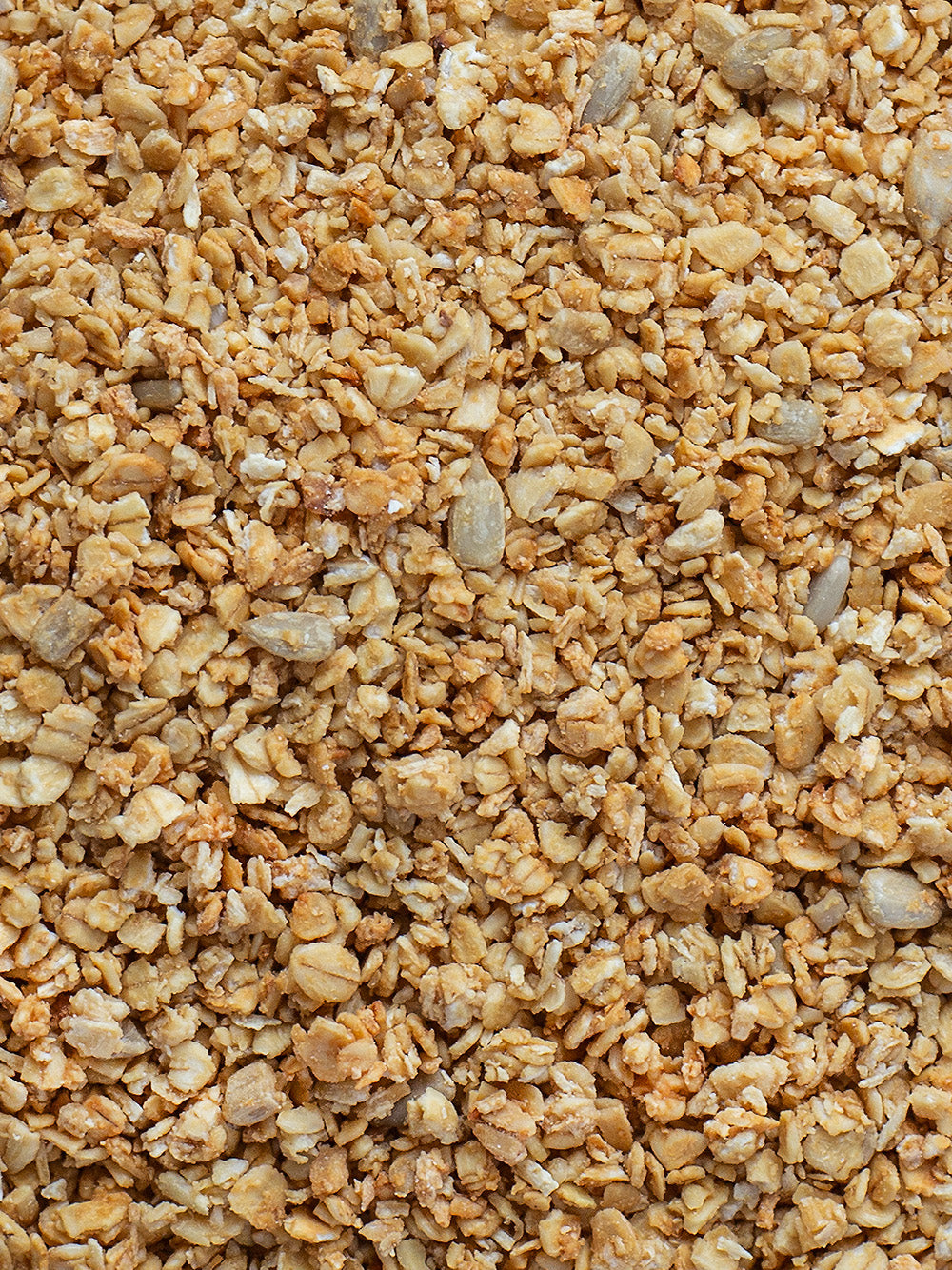 Detailaufnahme des Produktes Granola. Man kann einige Zutaten wie Haferflocken, Sonnenblumenkerne, Mandeln und Kokosraspeln erkennen.